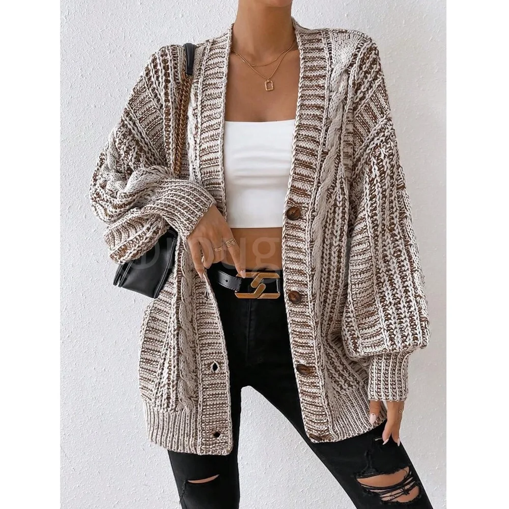 Oversized Mocha Brown Cable Knit Cardigan Long Sleeves Hip Length Buttoned - Picture 1 of 12